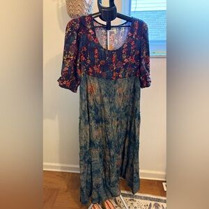 Natural life Collette Tiered Maxi Navy Turquoise Floral Dress M Medium